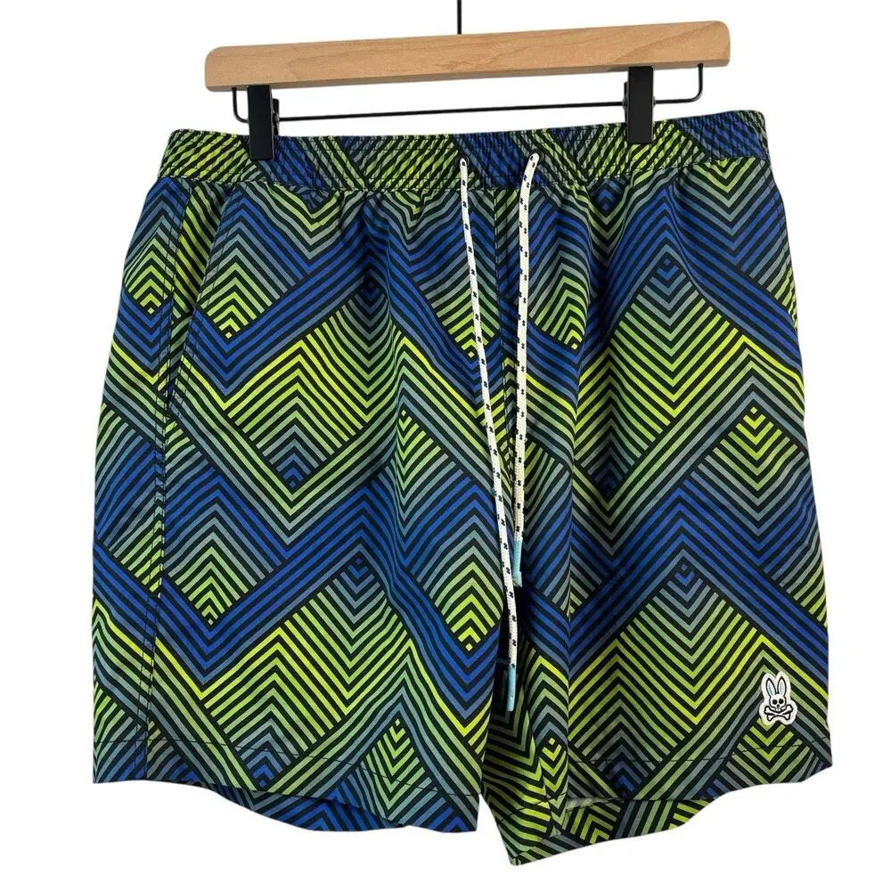 Psycho Bunny Swim Trunks Large Blue Green Adrian Chevron Logo Board Shorts Beach